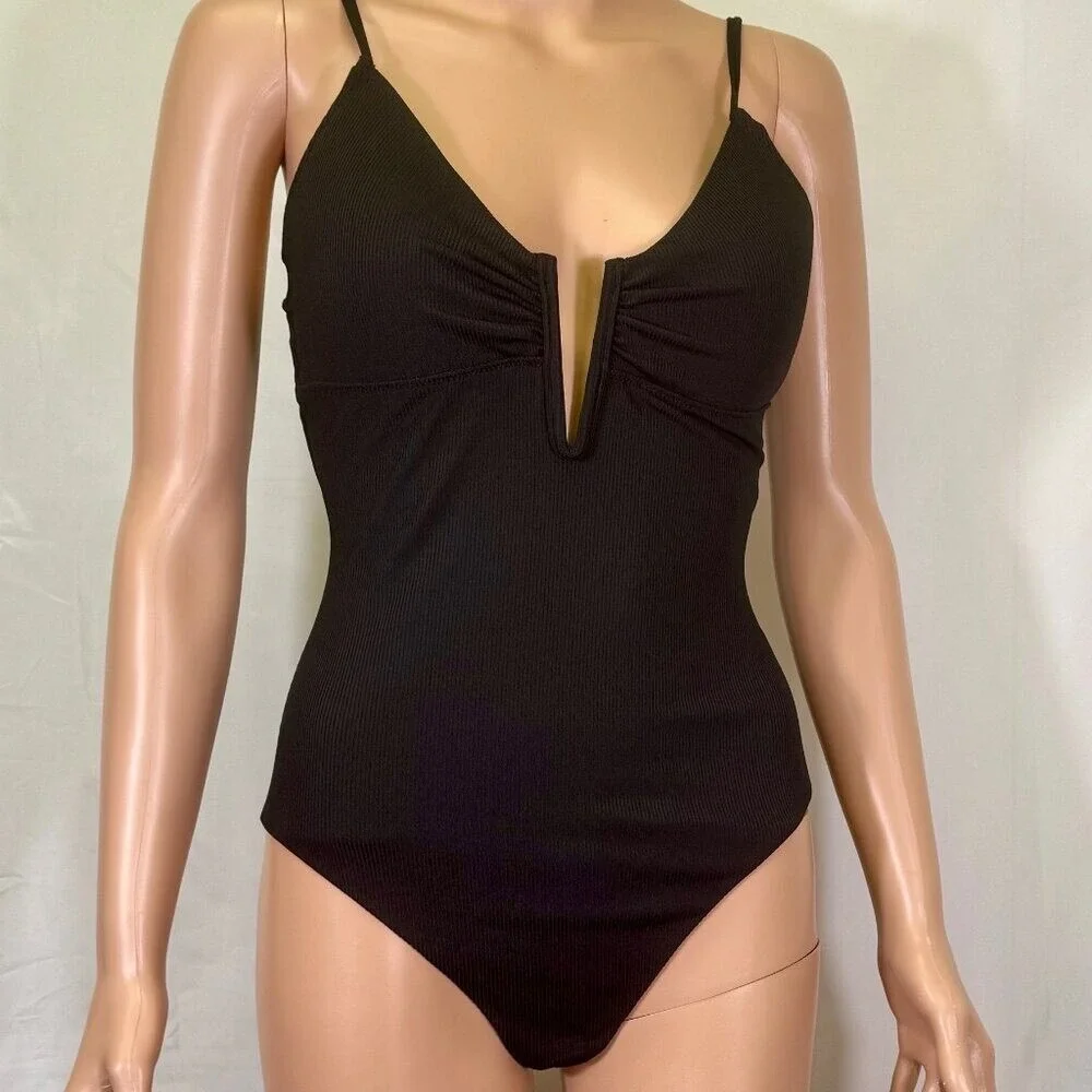 BAR III One-piece -Black V front lace up back‎ ribbed texture size small